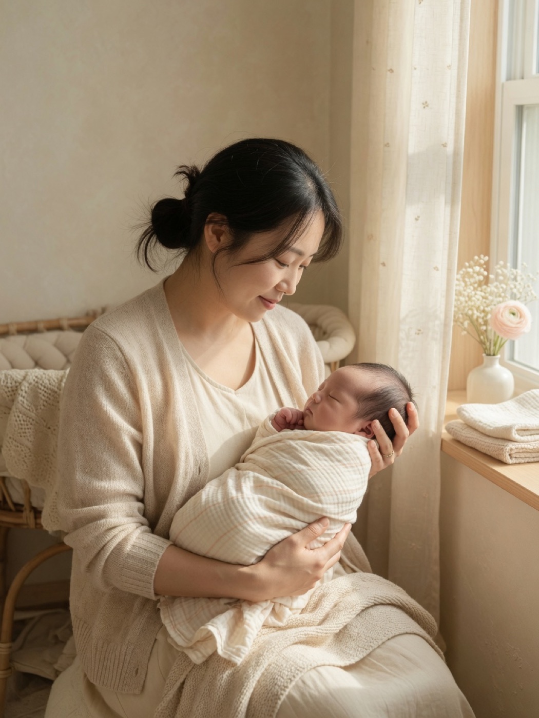 창가에서 아기를 안고 있는 엄마
