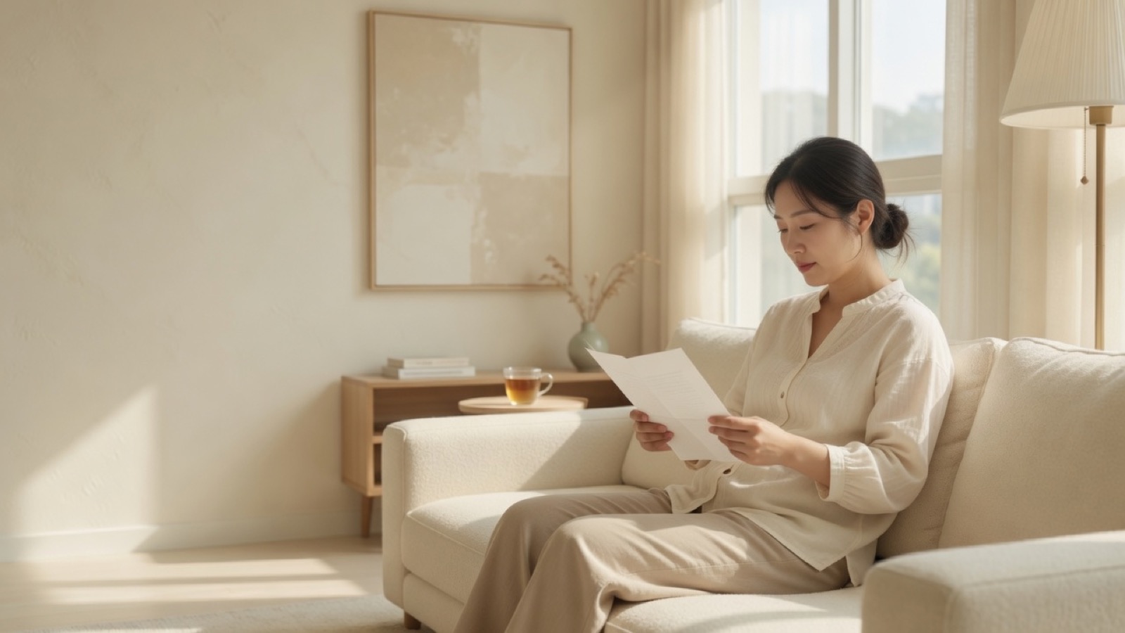 창가 소파에서 문서를 읽고 있는 사람